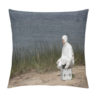 Personality  Water Inspector In Protective Costume With Inspection Kit Sitting On River Coast Pillow Covers