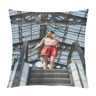 Personality  Low Angle View Of Stylish Asian Woman Talking On Cellphone On Escalator Pillow Covers