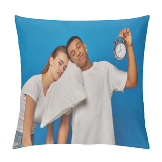 Personality  Interracial Couple Sleeping On Pillow Near Vintage Alarm Clock On Blue Backdrop, Early Morning Pillow Covers