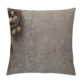 Personality  Top View Of Quail Eggs In Nest And On Grey Textured Background Pillow Covers