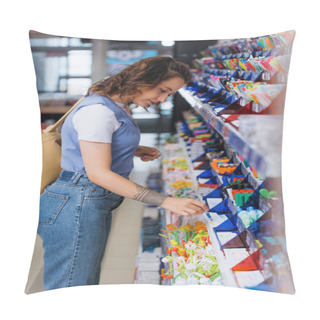 Personality  Side View Of Woman In Jeans Trying New Ball Pen In Stationery Store Pillow Covers