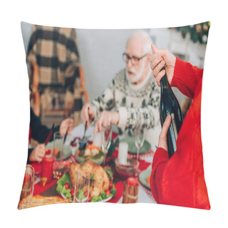 Personality  Selective Focus Of Man Opening Champagne Bottle Near Family And Festive Table  Pillow Covers