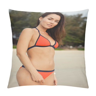 Personality  Attractive Slim Young Woman In Red Bikini On Tropical Beach Pillow Covers