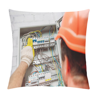 Personality  Selective Focus Of Electrician Turning On Toggle Switches Of Electrical Distribution Box Pillow Covers