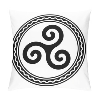 Personality  Triskele Within A Circle Frame With A White Wavy Line. Triskelion, Ancient Symbol And Motif Consisting Of A Triple Spiral, Exhibiting Rotational Symmetry. Isolated Illustration Over White. Vector. Pillow Covers