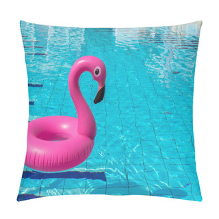 Personality  Summer Holiday Poster. Pink Inflatable Flamingo In Pool Water For Summer Beach Background. Funny Bird Toy For Kids Pillow Covers