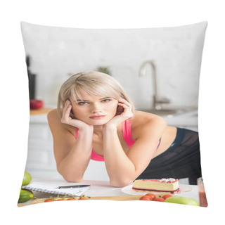 Personality  Blonde Girl Looking At Camera Near Saucer With Cake In Kitchen Pillow Covers