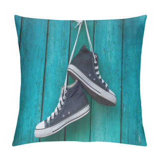Personality  Pair Of Blue Men's Sports Sneakers Hanging From A Nail On The Wa Pillow Covers