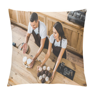 Personality  Attractive Cashier And Handsome Barista Offering Cupcakes And Coffee In Paper Cups Behind Wooden Bar Counter In Coffee House Pillow Covers