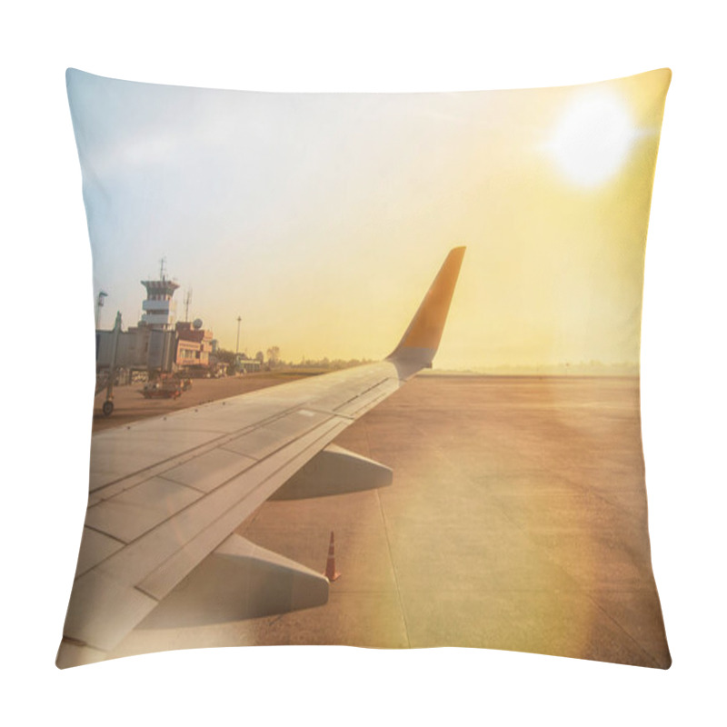 Personality  View from the airplane window,Airplane before take off in the morning. pillow covers