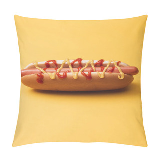 Personality  Tasty American Hot Dog With Sausage, Mustard And Ketchup On Yellow  Pillow Covers