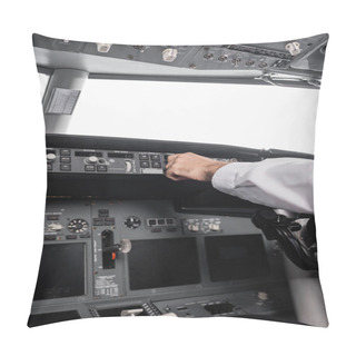 Personality  Cropped View Of Pilot Reaching Control Panel In Airplane Pillow Covers