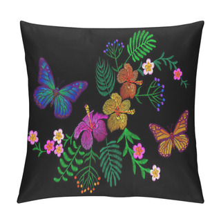 Personality  Hawaii Flower Embroidery Arrangement Patch. Fashion Print Decoration Plumeria Hibiscus Palm Leaves. Tropical Exotic Blooming Bouquet Butterfly Vector Illustration Pillow Covers