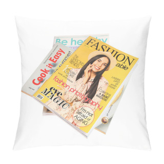 Personality  Stack Of Different Magazines On White Background Pillow Covers