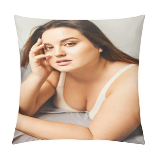 Personality  Portrait Of Attractive Plus Size Woman With Natural Makeup Wearing Beige Bodysuit And Resting On Bed With Grey Bedding While Looking At Camera, Body Positive, Figure Type, Modern Apartment  Pillow Covers