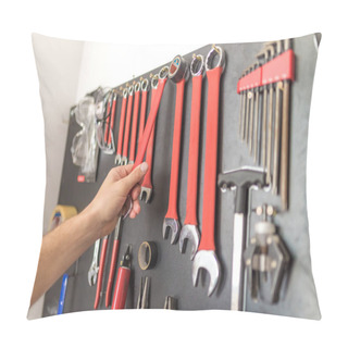 Personality  Man Hand Holding Wrench. Other Tools On The Wall. Pillow Covers