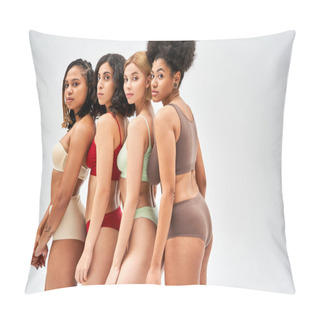 Personality  Multicultural Women In Colorful And Trendy Lingerie Looking At Camera While Posing Together And Standing Isolated On Grey, Different Body Types And Self-acceptance Concept, Multicultural Models Pillow Covers
