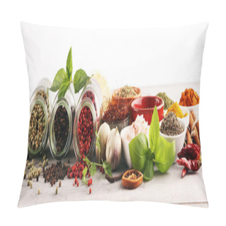 Personality  Spices And Herbs On Table. Food And Cuisine Ingredients With Bas Pillow Covers