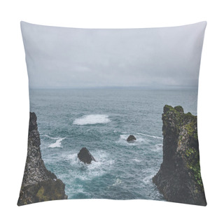 Personality  Aerial View Of Cliffs In Front Of Blue Ocean In Arnarstapi, Iceland On Cloudy Day Pillow Covers