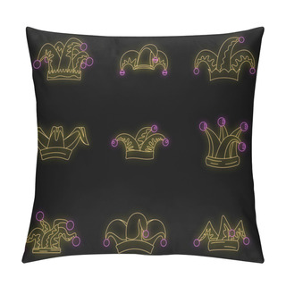 Personality  Jester Fools Hat Icons Set. Outline Illustration Of 9 Jester Fools Hat Vector Icons Neon Color On Black Pillow Covers