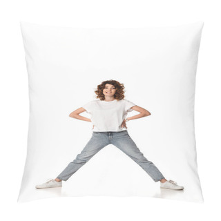 Personality  Emotional Woman Standing With Hands On Hips And Biting Lips On White Pillow Covers