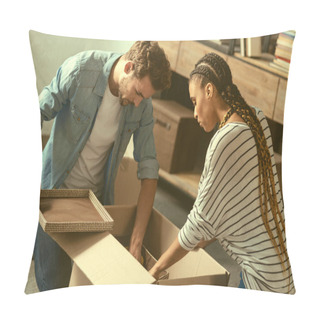 Personality  Concentrated Young People Packing Stuff Before Moving Pillow Covers