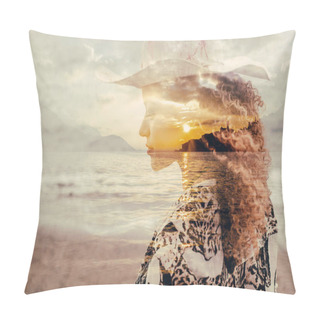 Personality  Double Exposure Of Gorgeous Woman Portrait And Sunset On Lakescape Pillow Covers