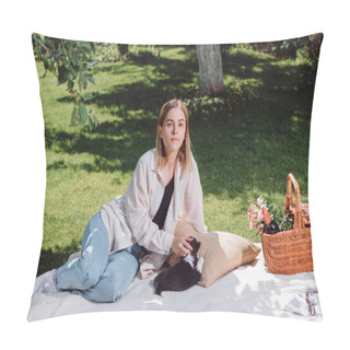 Personality  Attractive Blonde Girl Sitting On White Blanket In Garden With Adorable Welsh Corgi Puppy Pillow Covers