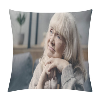 Personality  Pensive Senior Woman With Dementia Sitting With Walking Cane At Home  Pillow Covers