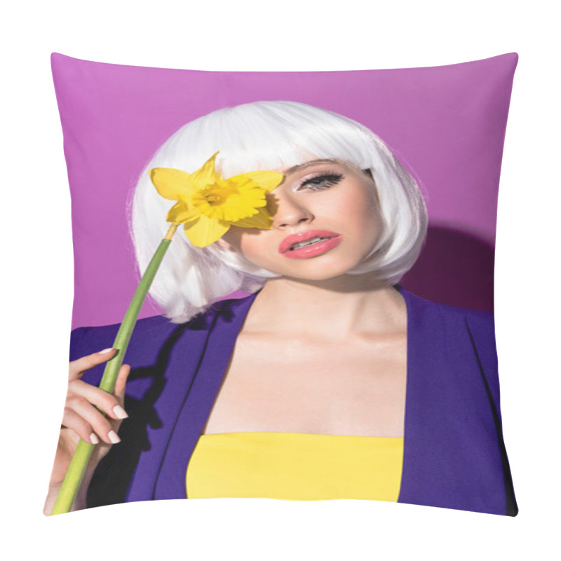 Personality  Interested Young Woman In Wig Holding Yellow Flower On Purple Background Pillow Covers
