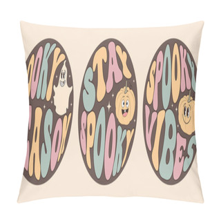 Personality  Groovy Lettering Set For Halloween. Spooky Season, Stay Spooky, Spooky Vibes. Slogans In Round Shape. Retro Print Design For Posters, Cards, Tshirts Pillow Covers