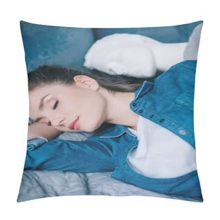 Personality  Selective Focus Of Woman Sleeping Near Mannequin On Bed, Unrequited Love Concept Pillow Covers