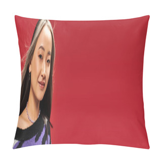 Personality  Happy Young Asian Woman With Dyed Hair In Vibrant Sweater With Animal Print Posing On Red, Banner Pillow Covers