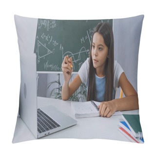 Personality  Girl Holding Pen And Looking At Laptop While Online Studying At Home Pillow Covers