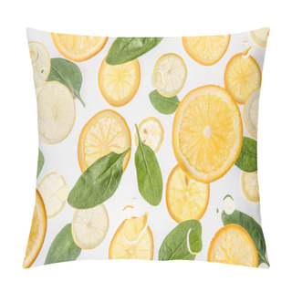 Personality  Bright Orange And Lemon Slices With Green Spinach Leaves On Grey Background Pillow Covers