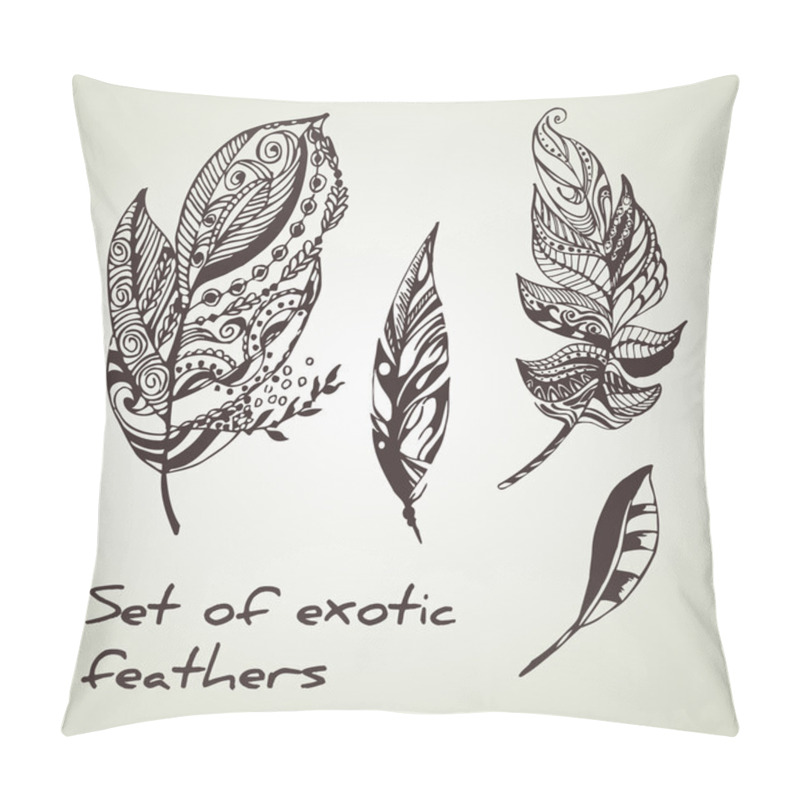 Personality  Vector Set Of Exotic Peerless Decorative Hand Drawn Black Ink Feathers Pillow Covers