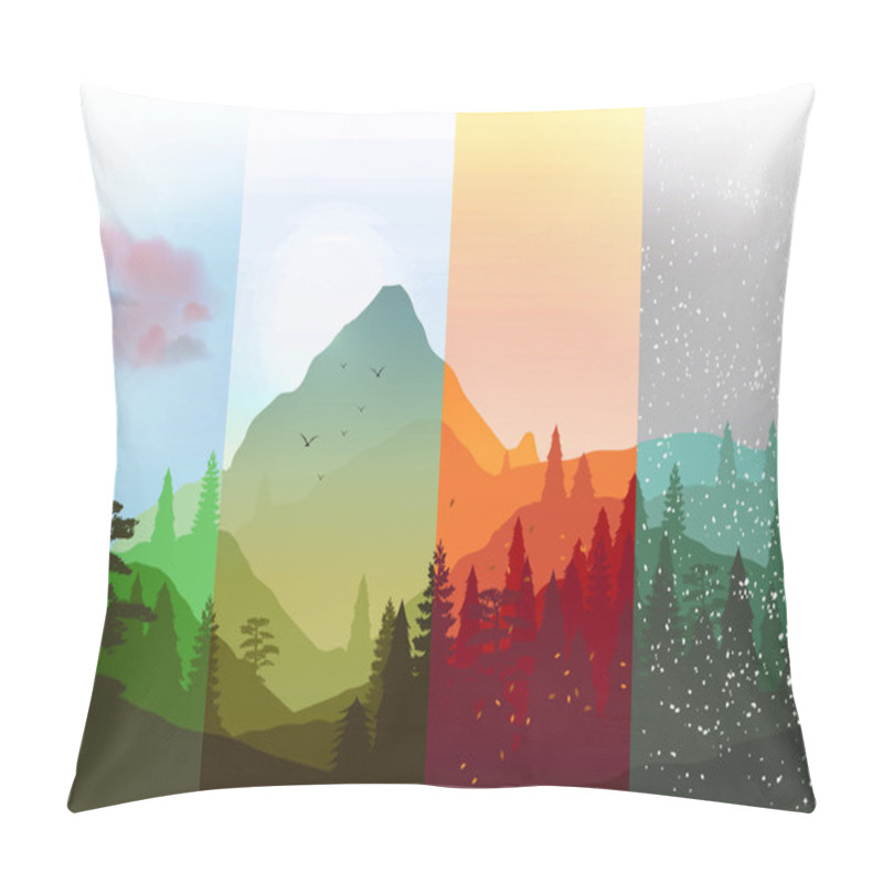 Personality  Four Seasons Banners with Abstract Forest and Mountains - Vector Illustration pillow covers