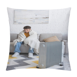 Personality  Full Length Of Young Man Covered In Blanket Sitting On Sofa Near Radiator Heater In Winter  Pillow Covers