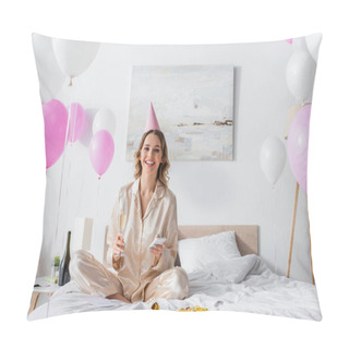 Personality  Smiling Woman With Smartphone And Champagne Celebrating Birthday In Bedroom  Pillow Covers