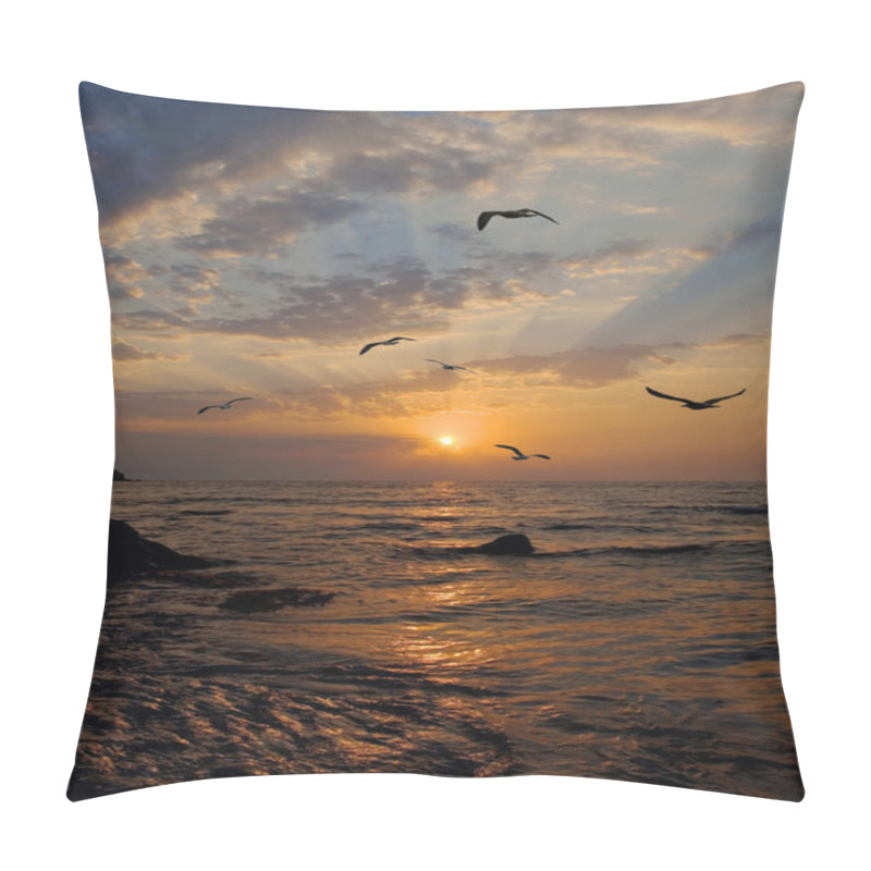 Personality  Seagulls fly against a rising sun pillow covers
