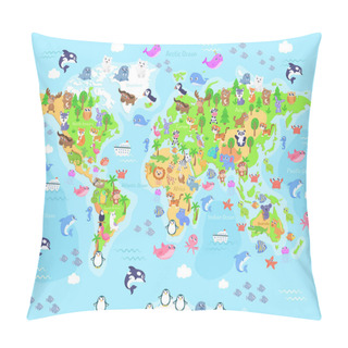 Personality  Vector Illustration Of World Map With Animals For Kids. Flat Design. Pillow Covers