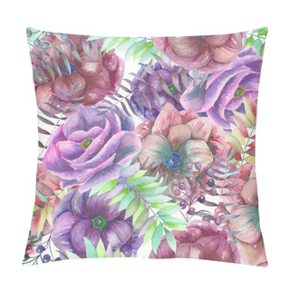 Personality  Seamless Pattern With The Watercolor Anemone Flowers, Fern, Leaves And Branches Pillow Covers