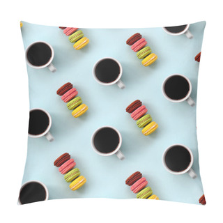 Personality A Pattern Of Many Colorful Dessert Cake Macaroon And Coffee Cups On Trendy Pastel Blue Background Top View. Flat Lay Composition. Pillow Covers