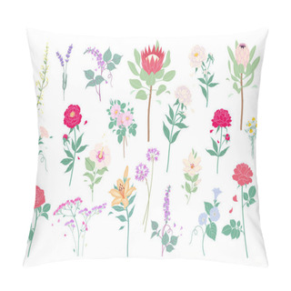 Personality  Set Of Wild Meadow And Garden Flowers Isolated On White Background. Simple Blooming Flowers In Flat Cartoon Style. Decorative Floral Design Elements Collection. Vector Botanical Illustration. Pillow Covers