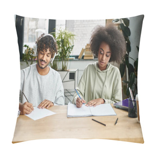 Personality  Diverse Couple Studies Together At A Table, Using Laptops And Books In A Modern Coworking Space Indoors. Pillow Covers