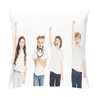 Personality  Excited Children Screaming With Raised Hands And Megaphone On Protest Isolated On White Pillow Covers