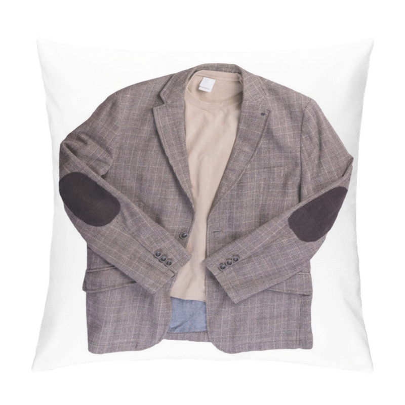 Personality  Brown Jacket With Buttons And Beige T-shirt Isolated On A White Background. Casual Style Top View Pillow Covers