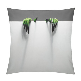 Personality  Two Green Hands Are Holding Blank Sheet Of Paper Against Grey Background. Pillow Covers