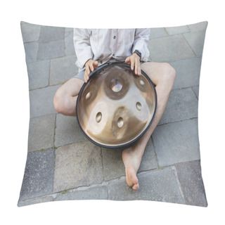 Personality  Cropped View Of Barefoot Musician Playing Hang On Sidewalk Outdoors  Pillow Covers