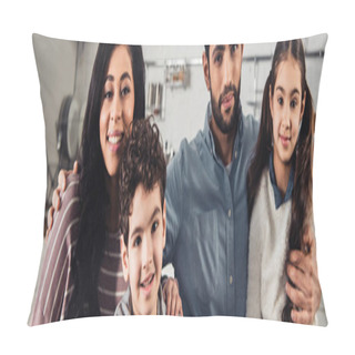 Personality  Cheerful Hispanic Family Smiling While Looking At Camera At Home Pillow Covers